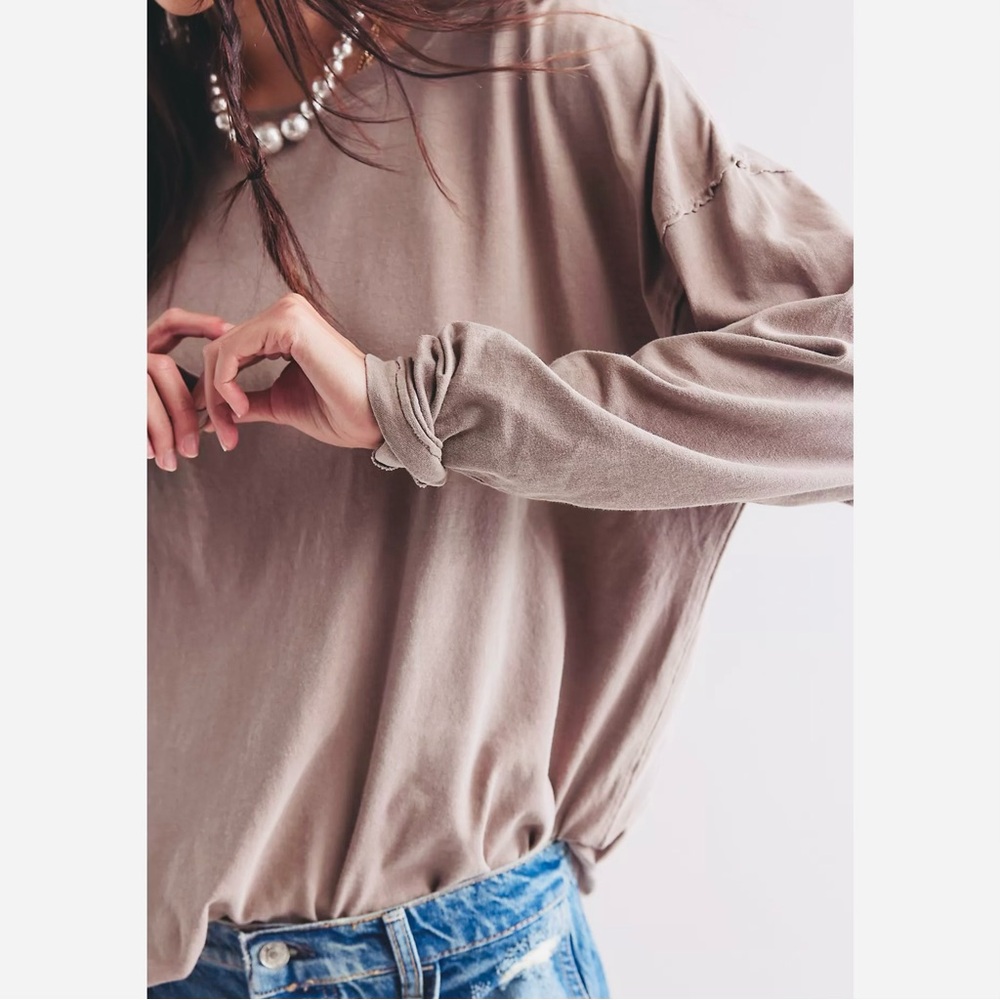 Free People We The Free Nina Long Sleeve Tee Stone Tan Gray XS - Picture 3 of 12